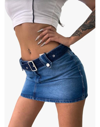 Pollera Mini Falda Jean Con Cinturón Tiro Medio Rígida