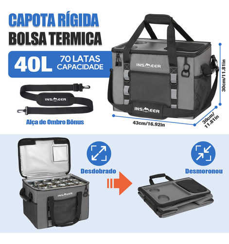 INSMEER Bolsa Térmica 70 Latas Tampa Dura Dobrável com 2 Porta-Copos, Impermeável e Portátil Cooler para Praia e Acampamento