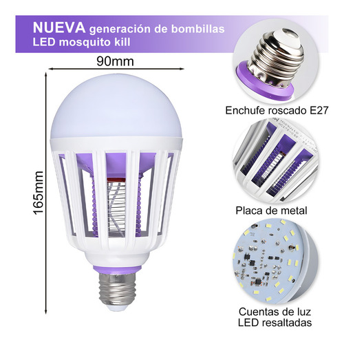 Mata Mosquitos Electrico, 3en 1 Lámpara Mata Mosquitos Con Luz Led, Resistente Al Agua Mosquito Killer, 15w Mata Moscas Electrico Con Enchufe Roscado E27, Puede Iluminar La Luz (blance*1)