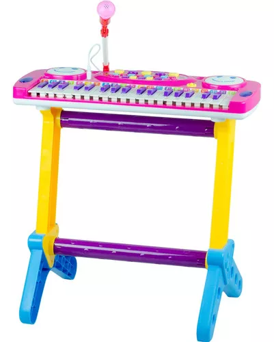 Piano Teclado Infantil C/ Microfone E Banquinho Rosa Inmetro Cor