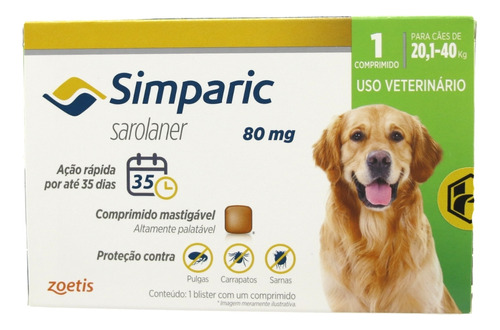 Antipulgas Simparic 80 Mg P/ Cães 20,1 A 40 Kg 1 Comprimido