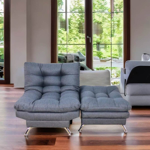 Sillón Con Taburete Futon Individual Sofa Cama Lino Hueso