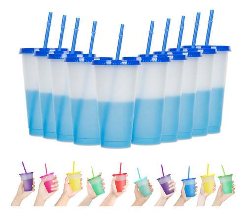 10 Vasos Magicos Color Reutilizable 710ml Copa+tapa Y Popote