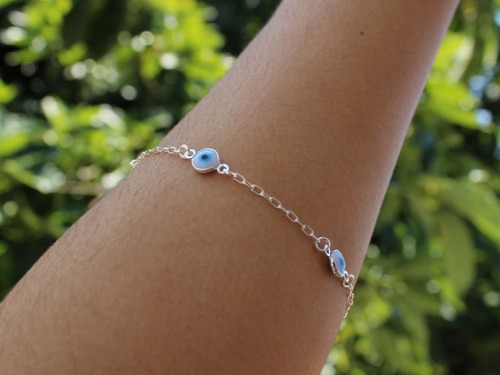 Pulseira De Prata Feminina 925 Elos Pingentes Olho Grego Comprimento 19 Cm Cor Prateado Diâmetro 20 Cm