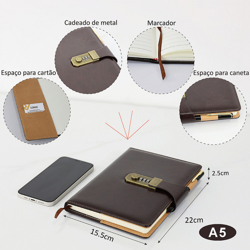 Caderno Diario com Cadeado Agenda com Segredo Senha Marrom Escuro 150 Folhas A5 288 paginas com Pauta Lumai Diario para Proteger Informacoes de Trabalho Viagem Sentimentos Saude Mental