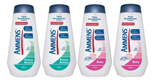 4 Talco Corporal Ammens 250g Fresco Aroma + Baby