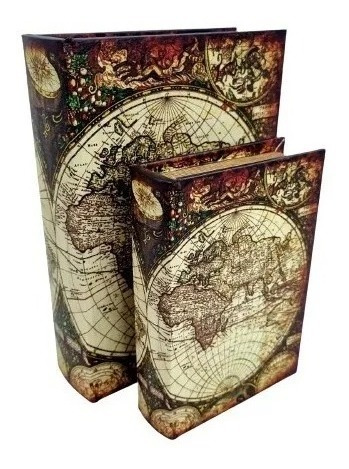 Kit Com 2 Caixas Em Formato De Livro Decorativa Mapa Globo