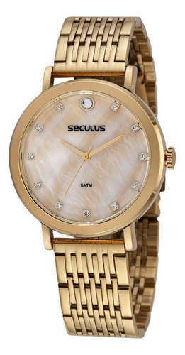 Relógio Seculus Feminino Madrepérola Aço Dourado 3,8cm