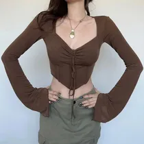 Comprar Blusas Manga Larga Mujer Moda Camisas Top Sexy Corto Marrón