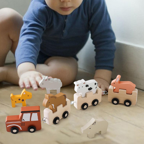 Juego De Tren De Animales De Madera, Bloques Apilables De