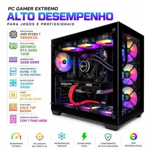 Pc Gamer Top Ryzen 7 9800x3d Rtx 5080 32gb Ddr5 Nvme 1tb | Frete