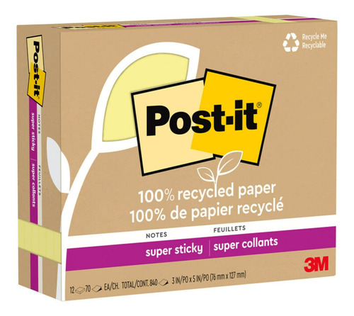 Post-it 100% Notas Súper Pegajosas De Papel Reciclado, 3 X 5