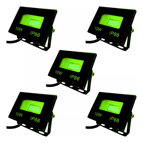 Kit 5 Refletor Led 10w Holofote Verde Bivolt Jardim Eventos Preto Verde