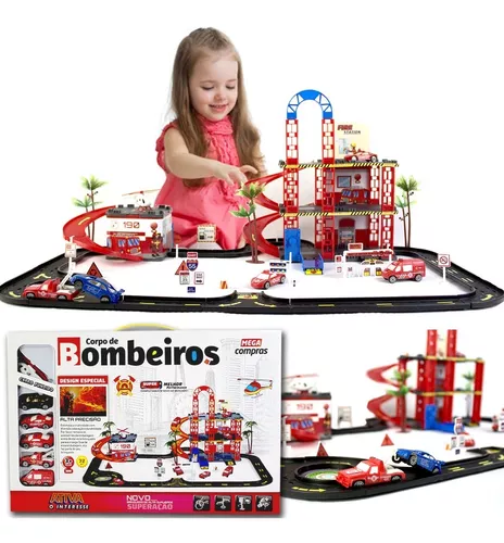 Pista Playset Infantil Posto Corpo de Bombeiros Carrinho e