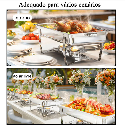 Rechaud Retangular 11 Litros Com 2 Cubas 1/2 Banho Maria E Fogão A Álcool 100% Aço Inoxidável Ideal Para Bufês Restaurantes Banquetes Potlucks Gaonas®