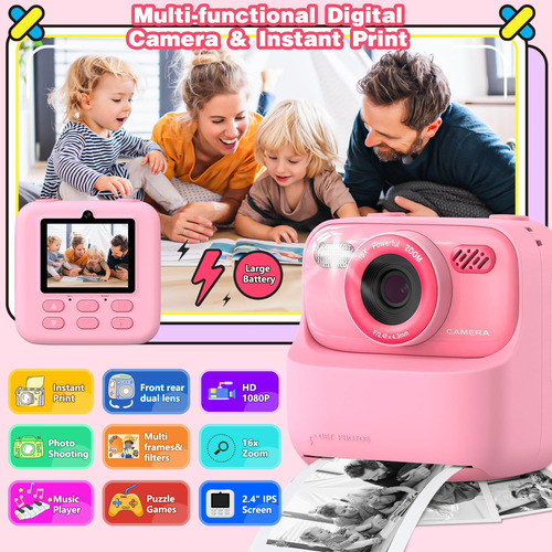 Cámara Digital Rosa Para Niños, Impresión Instantánea De Fot