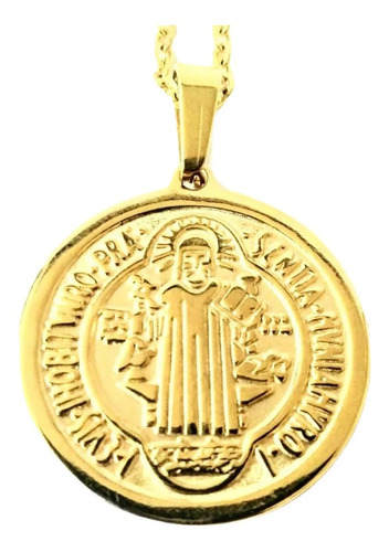 Dije Medalla San Benito Chica Cadena Acero Dorado 