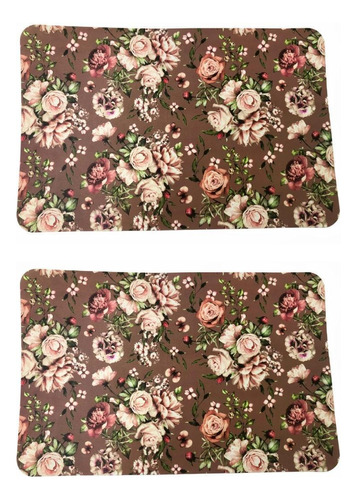 Jogo Americano Retangular 2pçs Em Pvc 43x28cm Marrom Floral