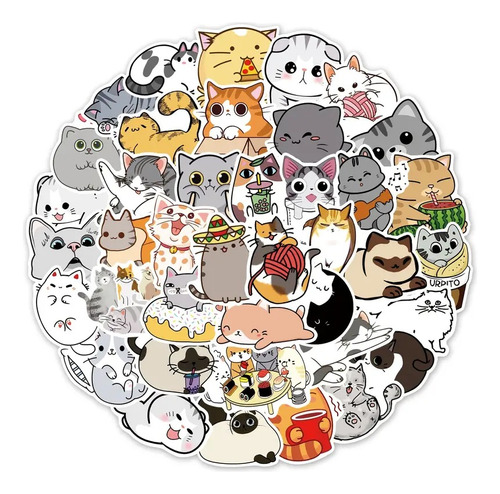 50 Etiquetas Stickers Calcomanías Gatitos Surtidos Doodle