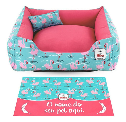 Cama Cachorro Gato Pet Tam 60x60 + Jogo Americano Pet 33x50 Cor Flamingos