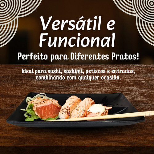 Kit 12 Pratos-retangular De Melamina C/ Molheira Preto Sushi