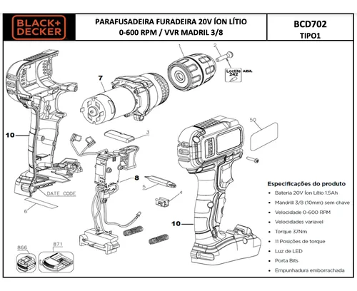 Mandril 3 8 P Parafusadeira Bcd702 Black E Decker 90618579