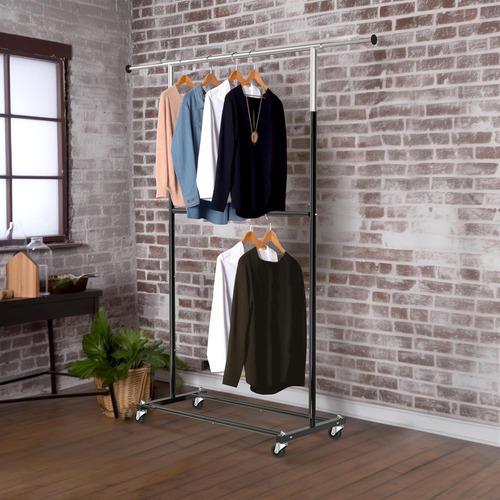 Rack Perchero Con Ruedas Para Ropa Doble Nivel Color Negro