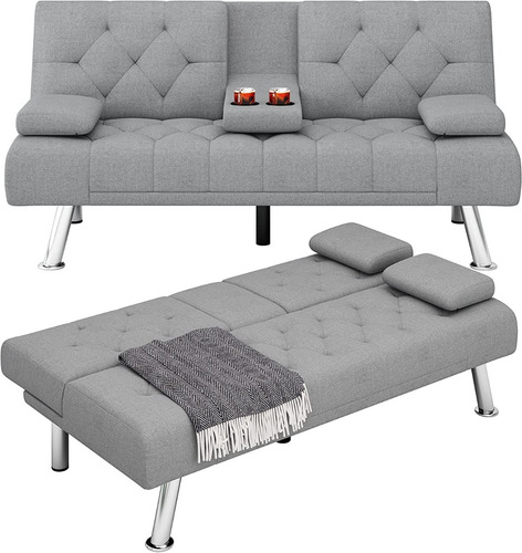 Sofa Futon Cama Plegable Portavasos Gris Dormitorio Tela 