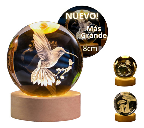 Esfera Cristal 3d Led Base Madera Lámpara Usb Luz De Noche Marrón Colibrí