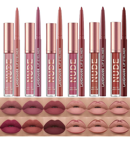 Langmanni 6 Lápiz Labial Mate Con 6 Delineadores Labiales Br