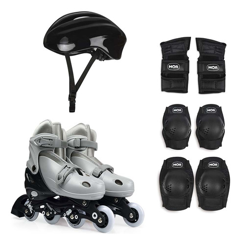 Kit Patins Cinza Tamanho M 34-37 Roller Joelheira E Capacete