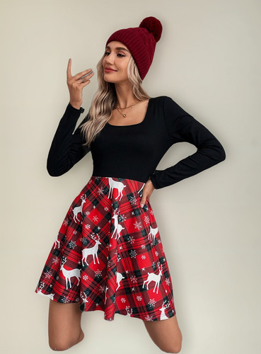 Vestido Con Estampado De Navidad De Cuello Scoop