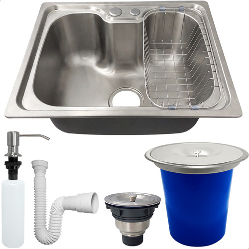 Kit Cozinha Cuba Gourmet Inox 304 50x40 Com Lixeira De Embutir 5 Litros Porta Detergente 500ml Valvula E Sifão Flexivel Universal Kit Pia 5 Peças Dona D.cor