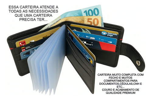 Carteira Masculina Couro Legítimo Premium Extra Macio Ref957 Cor Preto
