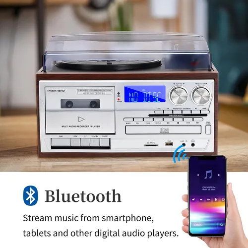 Tocadiscos 9 En 1 Bluetooth Vintage Cd Cassette Usb Sd Plata
