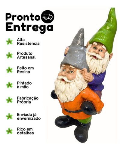 Anão Gnomo Duplo Grande Enfeite De Jardim Área Externa Verde E Cinza