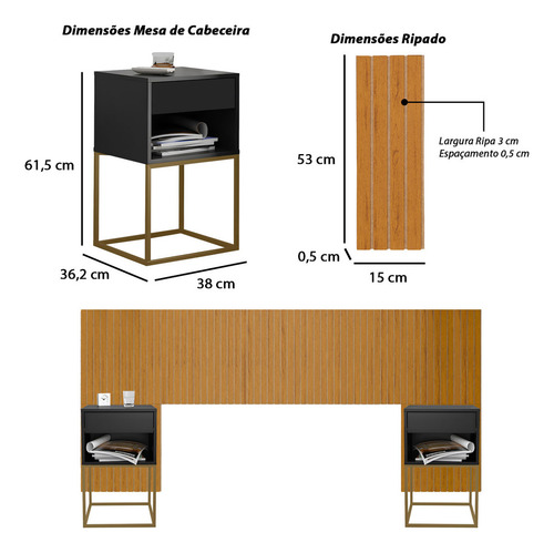 Cabeceira Ripada Casal Queen King Com 2 Mesas De Cab 1 Gavt Cor Nature | Preto/pé Dourado