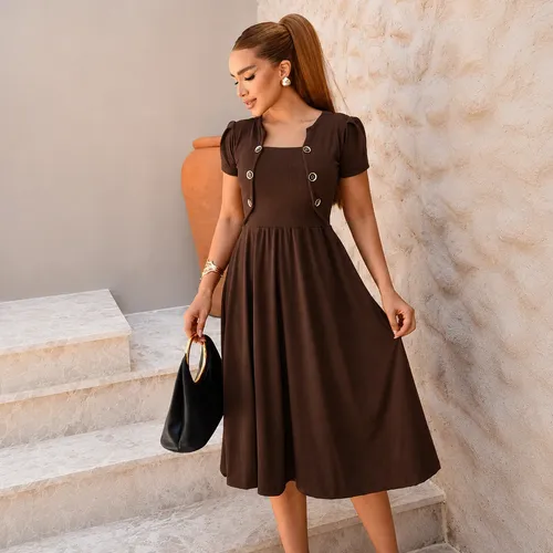 Vestido Feminino Midi Rodado Evangélico Detalhes De Botão - R$ 42,91