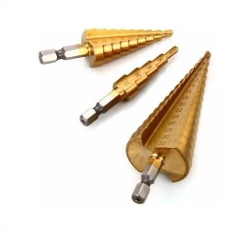 Imagen 3 de 5 de Set 3 Broca Conica Escalonada 4 A 32 Mm Paso A Paso