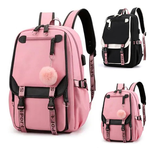 Mochila Juvenil Coreana Con Puerto Usb (negro/rosa)