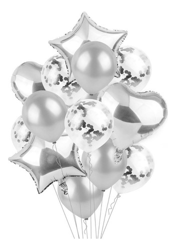 Set 15 Globos Metalizados Corazon Estrella Confetti Cristal