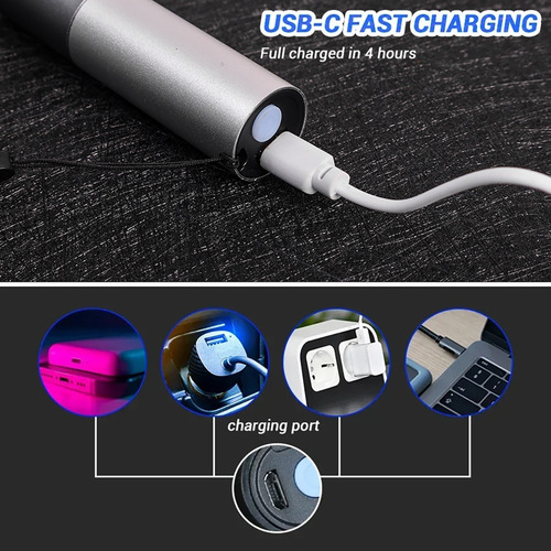 Mini Linterna Usb Impermeable Con Zoom Telescópico Portátil