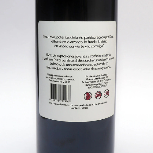 Vino Tinto Diacronía Cabernet Sauvignon + Shiraz Chihuahua