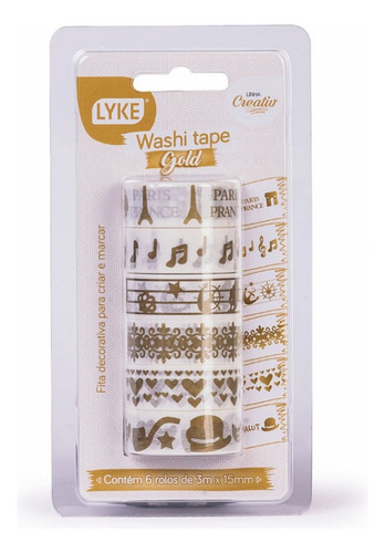 Fita Adesiva Washi Tape Gold Lyke Estampas Com 6 Unidades Cor Branco