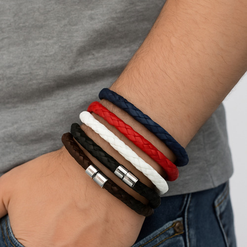 Pulsera Brazalete Cuero Hombre Broche Magentico Vintage Blanco 19 Cm