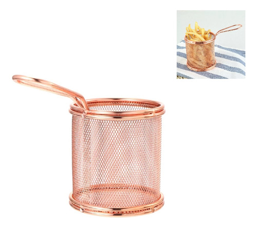 Mini Cesta Redonda Em Metal Aramada Servir Porções Rose Gold