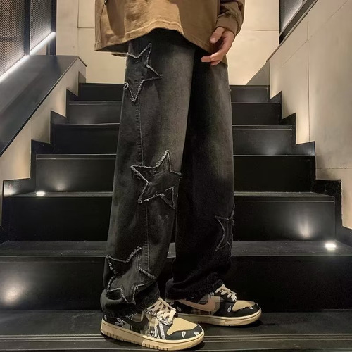 Tk Calça Jeans Larga Com Corte Solto E Estampa