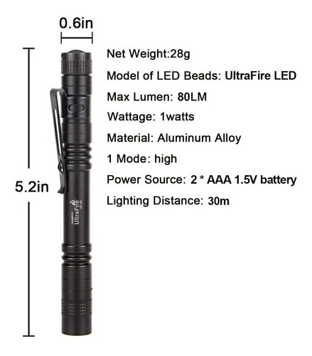 Ultrafire Linterna De Bolsillo, Uf-3al, Penlight Con Led Bla