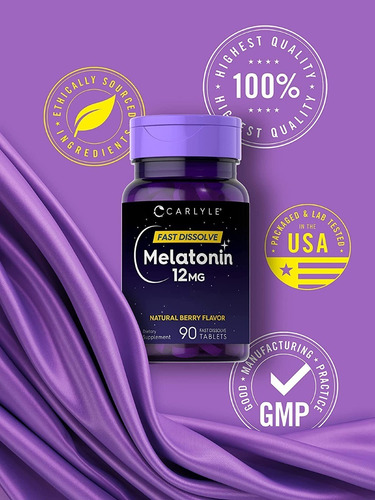 Carlyle Melatonina 12 Mg De Disolución Rápida 90 Tabletas, Ayuda A Fomentar Hábito De Descanso, Sabor Natural A Bayas, Probado En Laboratorio, Ingredientes De Confianza, Calidad Superior, Vegetariano
