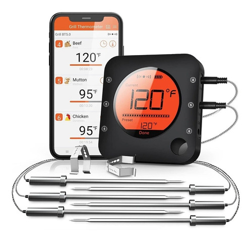 Termometro Digital De 6 Sonda Con Bluetooh 8 Tipos De Carnes